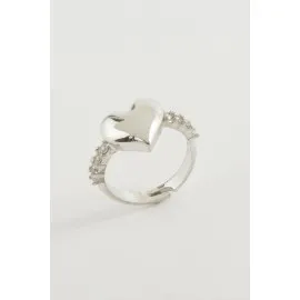 Kalp Taşlı Metal Yüzük-Gümüş Rengi