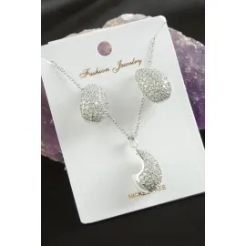 Oval Zirkon Taşlı Lüks Set Kolye-Gümüş Rengi