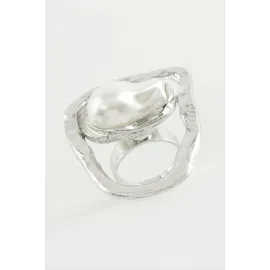 Oval İnci Metal Yüzük-Gümüş Rengi