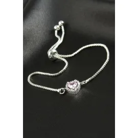 Kalp Zirkon Taşlı Asansörlü Bileklik  Ciddi İlişki Bilekliği-Açık Pembe