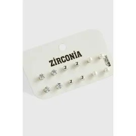 12 Adet İnci Zirkon Tek Taşlı Küpe-Gümüş Rengi