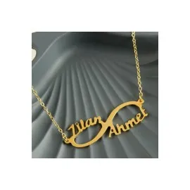 Kişiye Özel Sonsuzluk Çift İsim Yazılı Kolye-Sarı