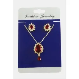 Oval Zirkon Taşlı Set Kolye-Gümüş Rengi