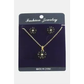 Papatya Zirkon Taşlı Set Kolye-Siyah