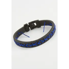 İpli İşlemeli Kaliteli Suni Deri Bileklik-Siyah