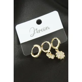 3 Adet Kelebek Yonca Zirkon Taşlı Küpe-Gümüş Rengi