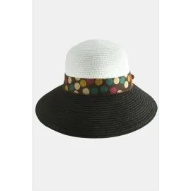 Benekli Fiyonglu Hasır Şapka-Bej