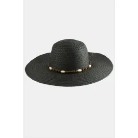 Ahşap Boncuklu Hasır Şapka-Siyah