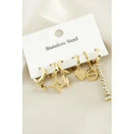 6 Adet Yıldız  Zirkon Taşlı Lüks Çelik Küpe-Sarı