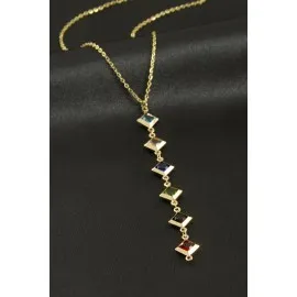 Kare Kristal Taşlı Çelik Kolye-Sarı