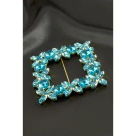 Çiçek Kare Taşlı Kemer Tokası-Mavi