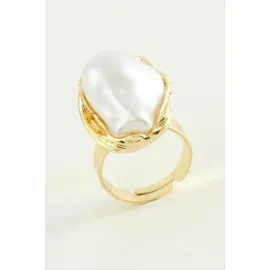 Oval İnci Metal Yüzük-Sarı