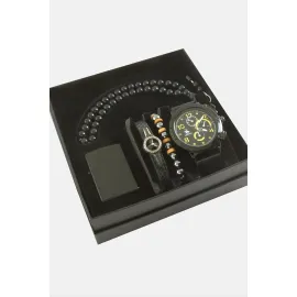 Kayışlı Kol Saati Tesbih Bileklik ve Çakmak Kutulu Set-Siyah