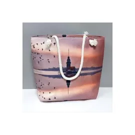 Galata Kulesi Desenli Plaj Çantası-Lila