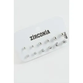 12 Adet Zirkon Tek Taşlı Küpe-Gümüş Rengi