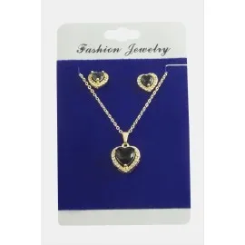 Kalp Zirkon Taşlı Set Kolye-Siyah