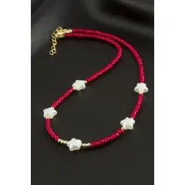 Yıldız İnci Kum Boncuk Kolye-Bordo