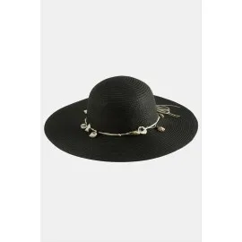 Deniz Kabuğu Hasır Plaj Şapkası-Siyah