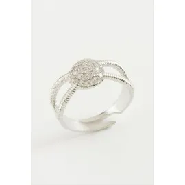 Yuvarlak Taşlı Yüzük-Gümüş Rengi