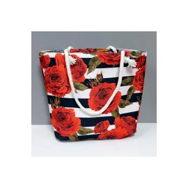 Gül Desenli Plaj Çantası-Kırmızı