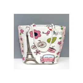 Eyfel Kulesi Desenli Plaj Çantası-Beyaz