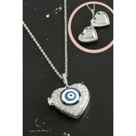 Kalp Nazar Kapaklı Zirkon Taşlı Çelik Kolye-Gümüş Rengi