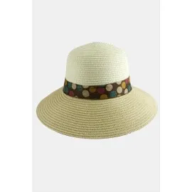 Benekli Fiyonglu Hasır Şapka-Bej