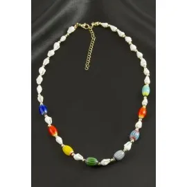 Deniz Kabuğu Cam Boncuk Kolye-Beyaz