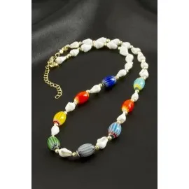 Deniz Kabuğu Cam Boncuk Kolye-Beyaz