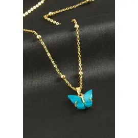 Kelebek Figürlü Polyester Kolye-Mavi