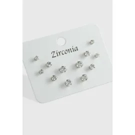 12 Adet Zirkon Tek Taşlı Küpe-Gümüş Rengi