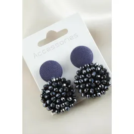 Düğme Kristal Küpe-Lacivert