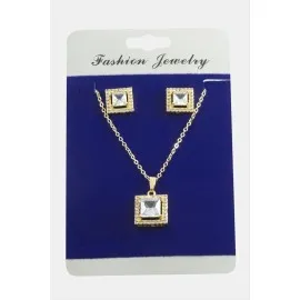 Kare Zirkon Taşlı Set Kolye-Gümüş Rengi