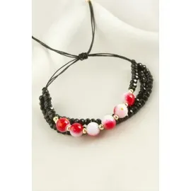 3Lü Kristal Boncuk Zincirli Bileklik-Kırmızı