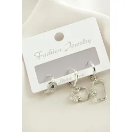 3 Adet Kalp Zirkon Taşlı Küpe-Gümüş Rengi