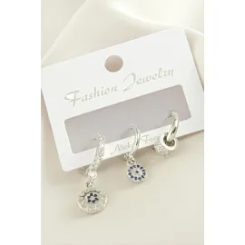 3 Adet Nazar Zirkon Taşlı Küpe-Gümüş Rengi