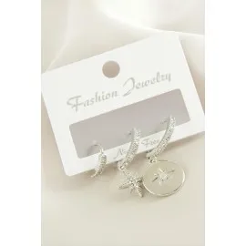 3 Adet Yıldız Zirkon Taşlı Küpe-Gümüş Rengi