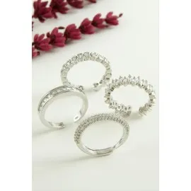 Karışık Lüks Baget Zirkon Taşlı Yüzük-Gümüş Rengi