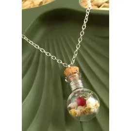 Mantar Tıpalı Fanus Canlı Kolye-Gümüş Rengi