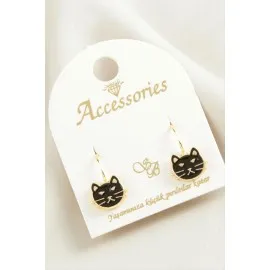 Kedi Mineli Klipsi Küpe-Siyah