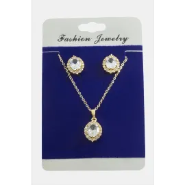 Oval Zirkon Taşlı Set Kolye-Gümüş Rengi