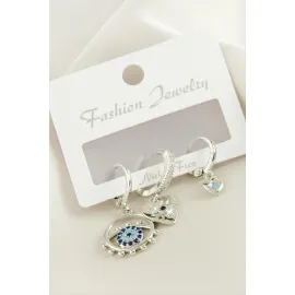 3 Adet Kalp Nazar Zirkon Taşlı Küpe-Gümüş Rengi