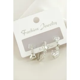 3 Adet Kalp Zirkon Taşlı Küpe-Gümüş Rengi