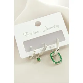 3 Adet Oval Zirkon Taşlı Küpe-Gümüş Rengi