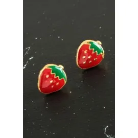 Çilek Mineli Minik Küpe-Kırmızı