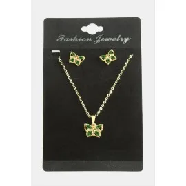 Kelebek Zirkon Taşlı Set Kolye-Yeşil