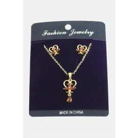 Kalp Zirkon Taşlı Set Kolye-Kırmızı