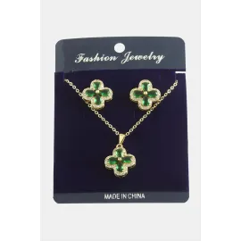 Çiçek Zirkon Taşlı Set Kolye-Yeşil
