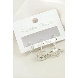 3 Adet Hilal Yıldız Zirkon Taşlı Küpe-Gümüş Rengi