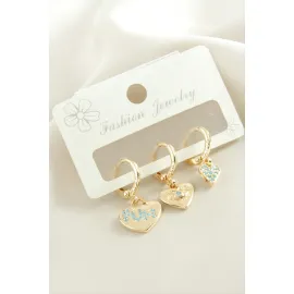 3 Adet Kalp Zirkon Taşlı Küpe-Sarı